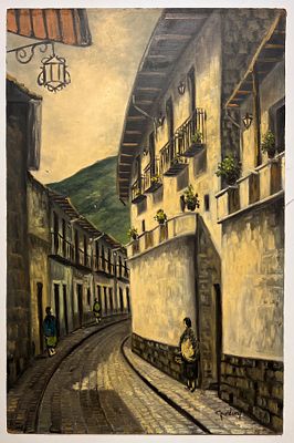 Jorge Guarderas - דמויות בסמטה. שמן על לוח. 
חתום.