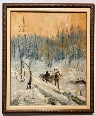 אמן אירופאי לא מזוהה - מזחלת ביער מושלג. שמן על בד. 
חתום. 
ממוסגר.