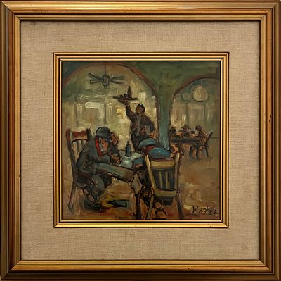Shemuel Goldstein (1921-2006) - The Caf&eacute;. Oil on board. 
Hand signed. 
Framed.