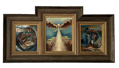 Nora Klein (1945-2007) - Surrealism. Triptych. 
Oil on board. 
Hand signed. 
Framed.