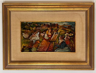Gretty (Gerti) Rubinstein (Israeli - Romanian, 1945-2002) - Village Painter. Oil on board. 
Hand 