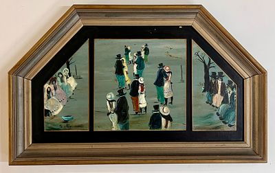 Shlomo Alter (Israeli, born Romania 1936) - Park Stroll. Triptych. 
Oil on canvas mounted on 