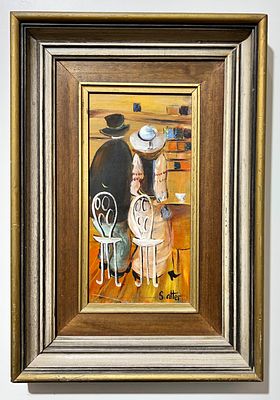 Shlomo Alter (Israeli, b. Romania 1936) - A couple in a cafe. Oil on French canvas. 
Signed. 
Framed.