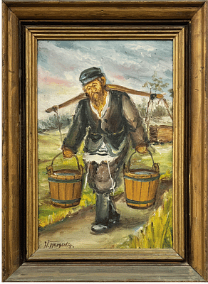 Wictor (Victor) Margulis (1922-1984) - A Jewish figure carrying buckets. Oil on canvas. 
Hand 