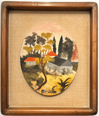 Niza Simon Kadmon - Houses in a Kibbutz. Oil on canvas. 
Hand signed. 
Dated. 
Framed.