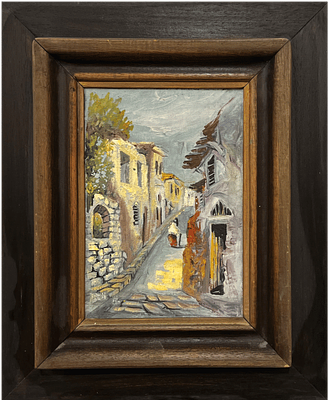 Dan Moskona (b. 1930) - Alley in the Old City. Oil on board. 
Hand signed. 
Framed.