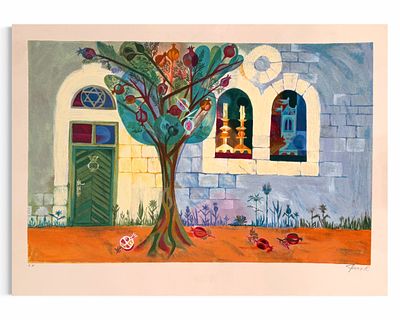 אליעזר וייסהוף (1938) - עץ הרימונים. ליטוגרפיה. 
חתום. 
מסומן E.A.