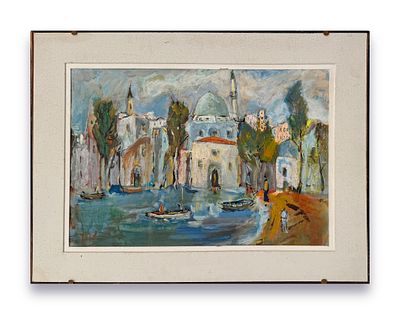 נחום קוק (1908-1978) - סירות ובתים ליד המים. גואש על נייר. 
חתום. 
ממוסגר (ללא זכוכית).