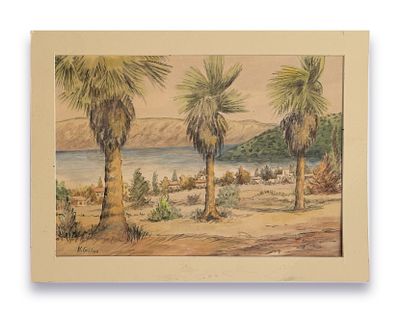 נחום גלבוע (ישראל - בולגריה, 1917-2015) - דקלים בחוף. צבעי מים על נייר.. 
חתום. 
נתון בפספרטו. 