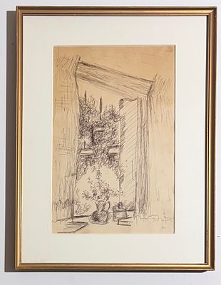 שלמה ון דן ברג (גרמניה - ישראל, 1920-1986) - חלון לגינה. רישום על נייר. 
חתום. 
מתוארך. 
ממוסגר.