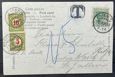 Германия 1900-е гг Открытка в Швейцарию с доплатными марками Швейцарии