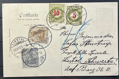 Германия 1900-е гг Открытка в Швейцарию с доплатными марками Швейцарии