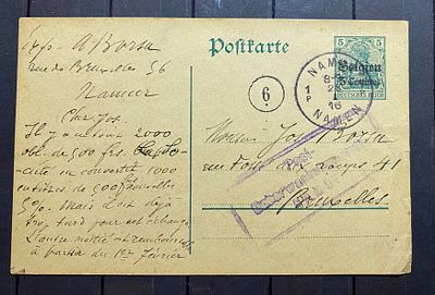 Германия 1916 Оккупация Бельгии. Штамп цензуры