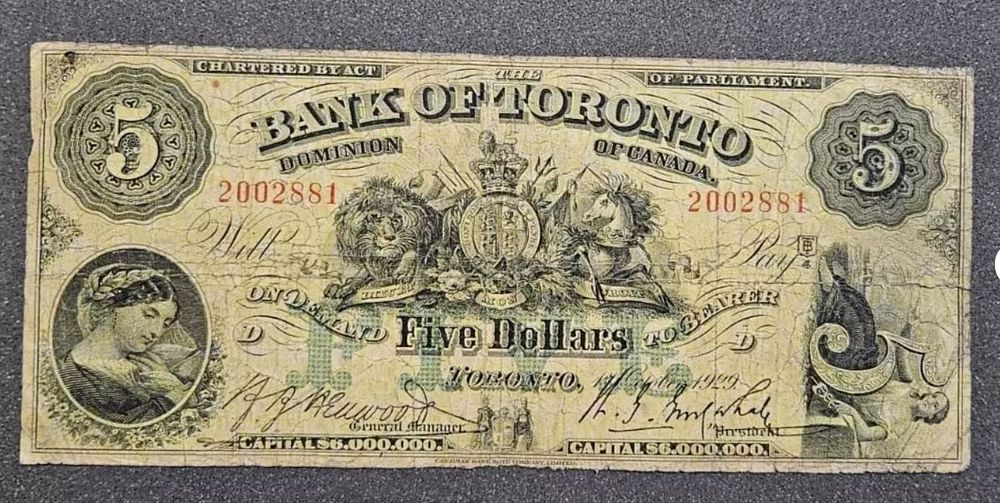 CANADA BANK OF TORONTO BANKNOTE 1929D YEAR $5. CHARTERED BY ACT PARLAMENT