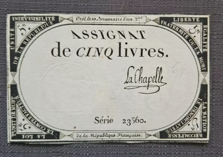 ASSIGNAT FRENCH REVOLUTION 5 LIVRES BANKOTE 23/560