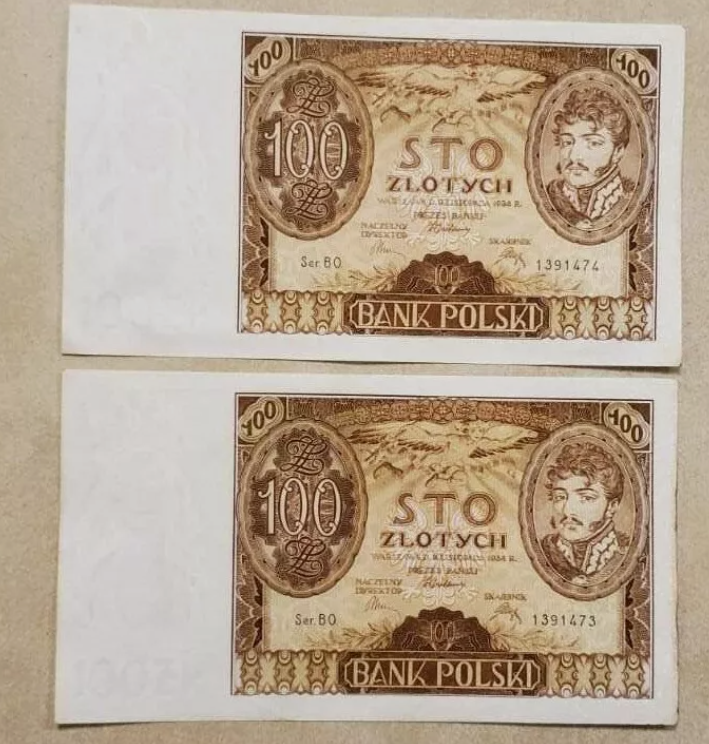 2 POLAND BANKNOTES 100 ZLOTYCH 1934, SERIA BO, FOLLOWING SERIAL NUMBER