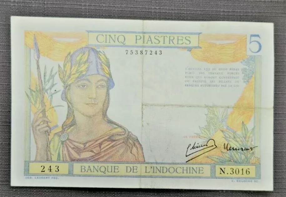 French IndoChina 5 Piastres Banknote