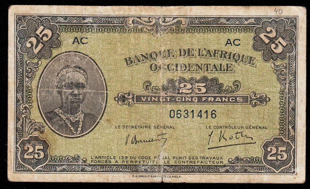 French, West Africa BANKNOTE , 25 Francs 1942 YEAR