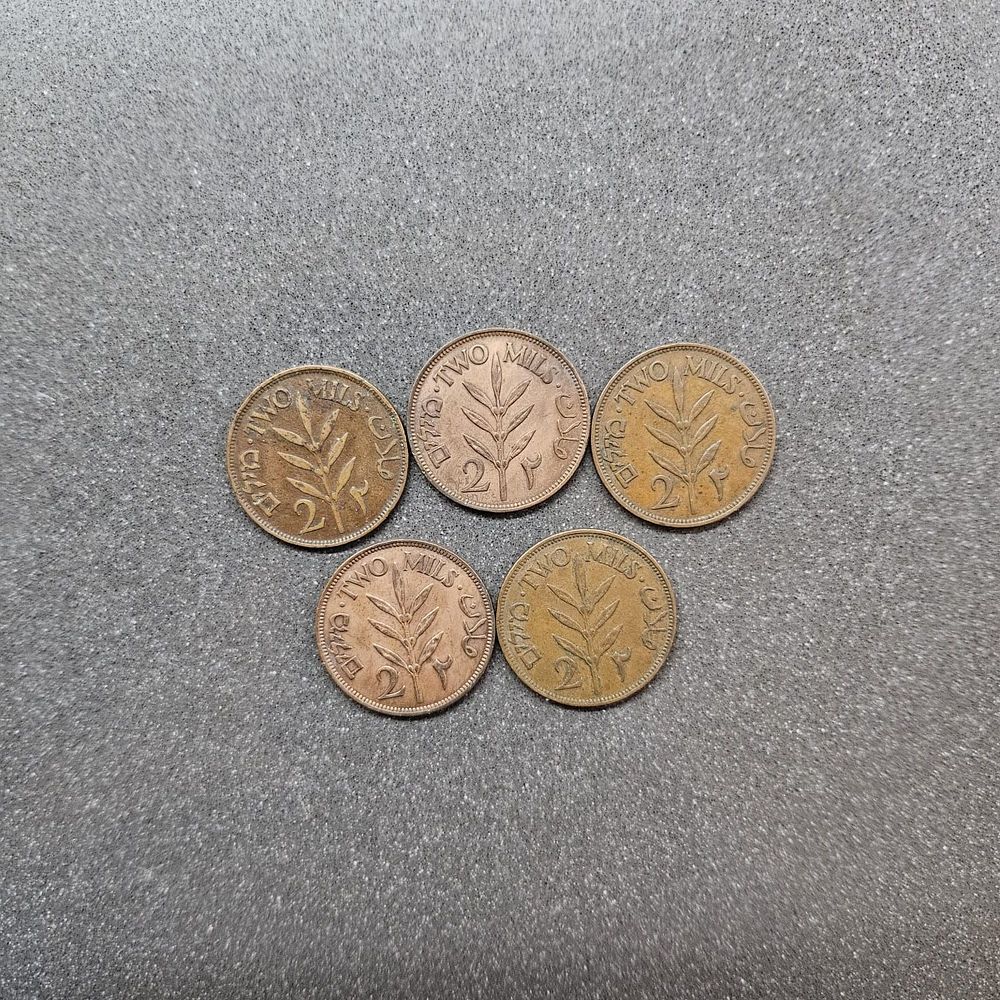 SET OF 5 PALESTINE COINS 2 MILLS 1924,1941,1942,1945,1946 YEAR . SET OF 5 PALESTINE COINS 2 