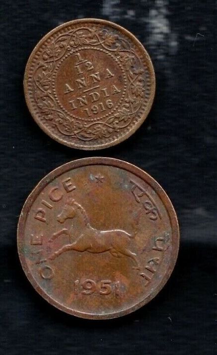 2 INDIA COINS, 1/12 ANNA 1916, 1 PICE 1951