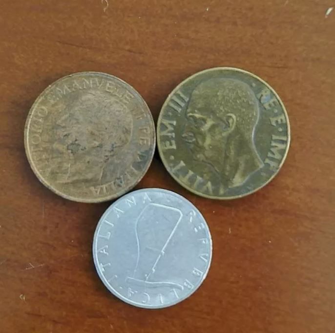 3 ITALY COINS, 10C 1943,1922,5C 1955