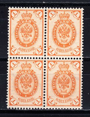 Российская Империя, 1889 г. Одиннадцатый выпуск. 1 коп. Квартблок. **/*. № 49. Наклейка на 