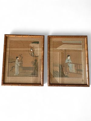 Pair of Chinese Export Watercolor Paintings, Mid-20th Century. A complementary pair of Chinese 