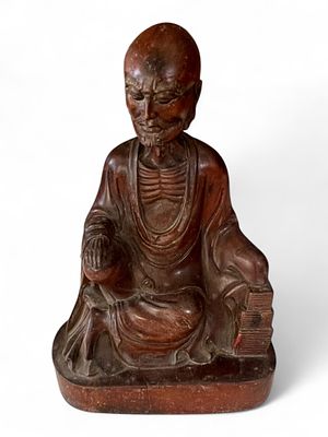 Chinese Carved Hardwood Figure of a Seated Luohan, Early to Mid-20th Century. Hand-carved 