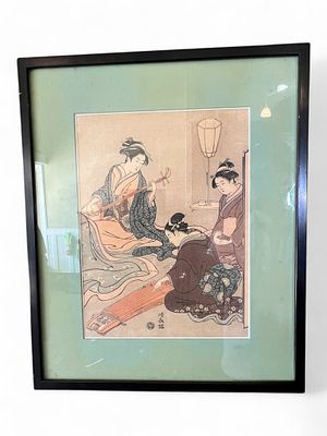 Japanese Woodblock Print of Geisha Musicians, After Kitagawa Utamaro, 20th Century. Finely 