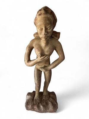 Mid-Century Carved Wooden Nude Woman Signed “Etienne. Mid-20th century carved wood sculpture 