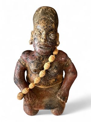 Pre-Columbian-Style Seated Female Figure, Possibly Veracruz, Mexico. Impressive terracotta 