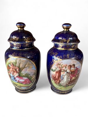 Pair of Continental Cobalt and Gilt Porcelain Covered Jars. Early 20th century, Continental. 