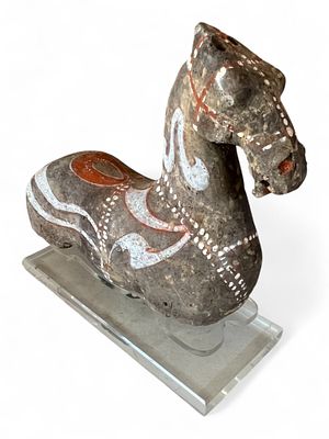 Painted Terracotta Horse Figure on Lucite Stand. Decorative terracotta figure of a stylized 