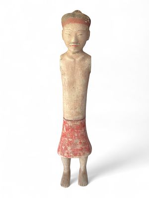 Painted Pottery Figure of a Male Attendant, Possibly Chinese, Tang Style. Tall, slender pottery 