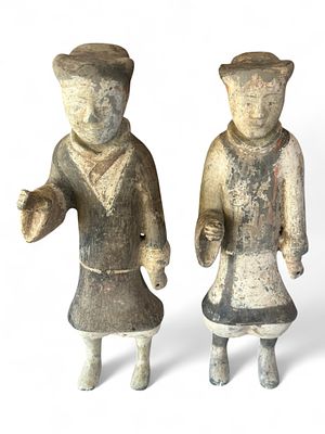 Set of Three Painted Pottery Figures of Male Attendants, Possibly Chinese, Han–Tang Style. Set 
