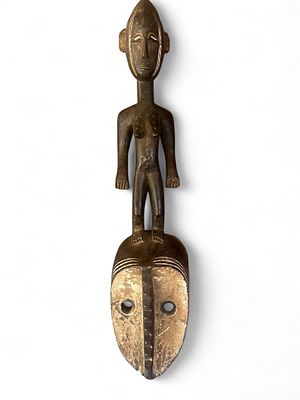 African Carved Wooden Mask with Female Figure, Baule or Guro Peoples, Ivory Coast, Mid-20th Century