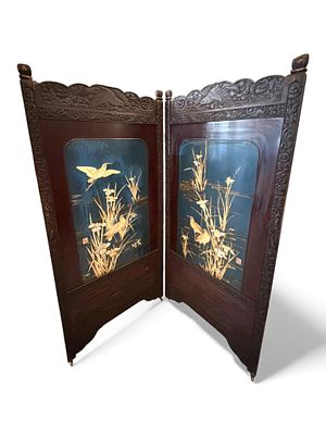 Chinese Two-Panel Hardwood & Inlaid Lacquer Floor Screen, Early 20th Century. A magnificent 