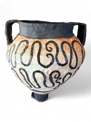 Large Hand-Painted Ceramic Amphora, Minoan-Style Design. A striking two-handled ceramic amphora 