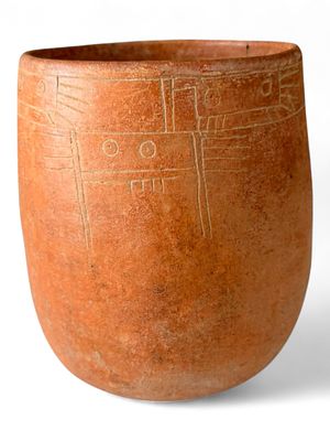 Incised Red Earthenware Vessel, Possibly South American, 20th Century. An attractive hand-built 
