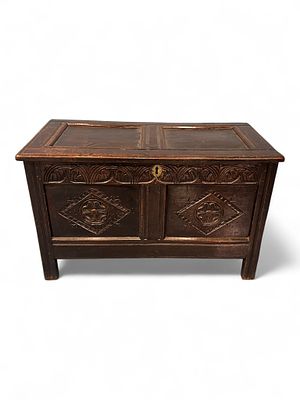 English Carved Oak Coffer, Late 17th-Early 18th Century. Handsome English carved oak coffer 