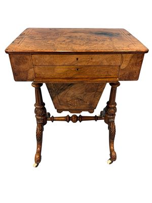 Victorian Burled Walnut Sewing Table, 19th Century. Handsome Victorian burled walnut sewing 