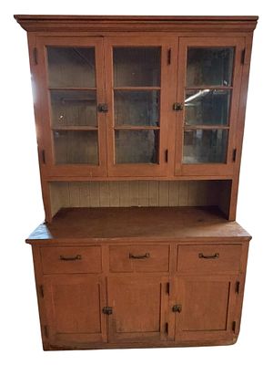 Southern Pine Early Stepback Cupboard in Old Salmon Paint, Mid-19th Century. A handsome Southern 