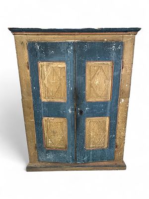 Continental Painted Pine Cupboard, Early–Mid 19th Century. A striking early Continental painted 