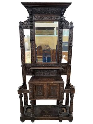 Victorian Carved Oak Hall Stand with Mirror, Late 19th Century. A monumental Victorian carved 