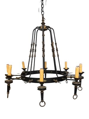 Large Eight-Light Wrought Iron & Brass Chateau-Style Chandelier, Early–Mid 20th Century. A 