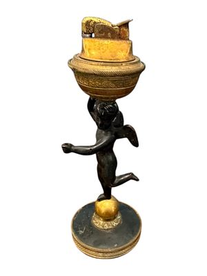 Figural Bronze & Brass Cherub Table Lighter, Early 20th Century. Charming early 20th-century 