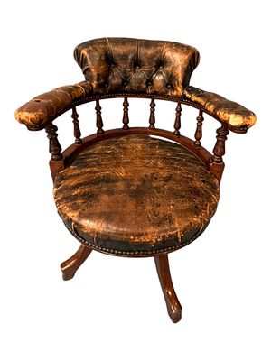 Antique Leather & Mahogany Swivel Captain’s Chair, Early 20th Century. A character-rich early 