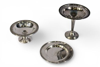 Three Sterling Silver Serving Pieces — Two Compotes and Card Plate. A group of three sterling 