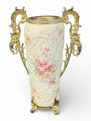 Wave Crest Milk Glass Vase with Gilt Metal Mounts, Shield & Harp Mark, C.F. Monroe Co. An 