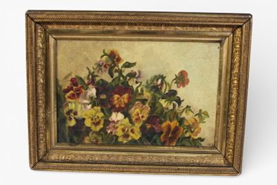 Signed Oil on Canvas Still Life of Pansies, ca. 1880. Charming late 19th century oil on canvas 